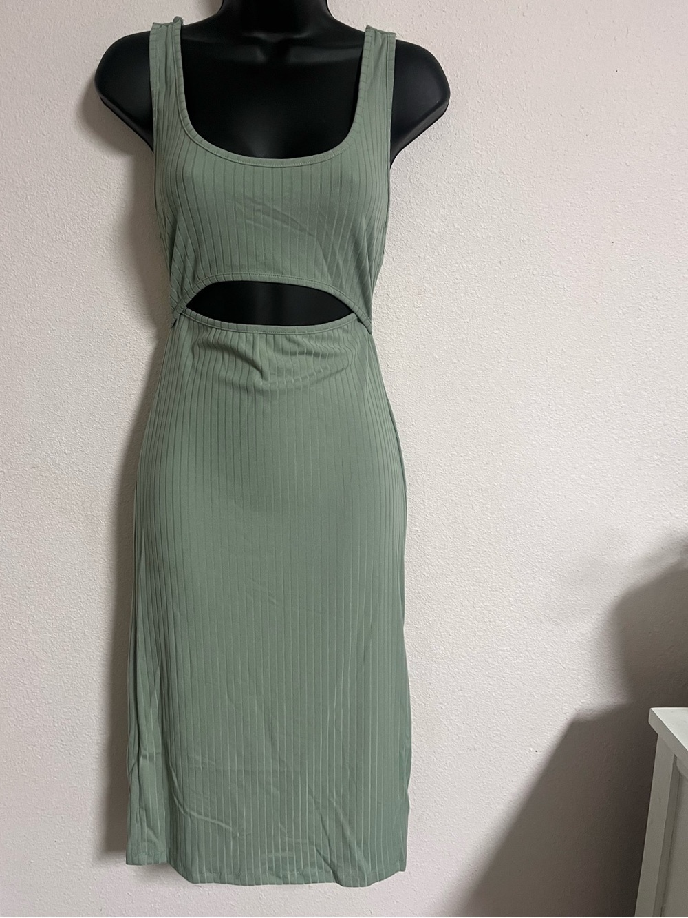 Sleeveless Ribbed Cutout Midi Dress in Sage Green